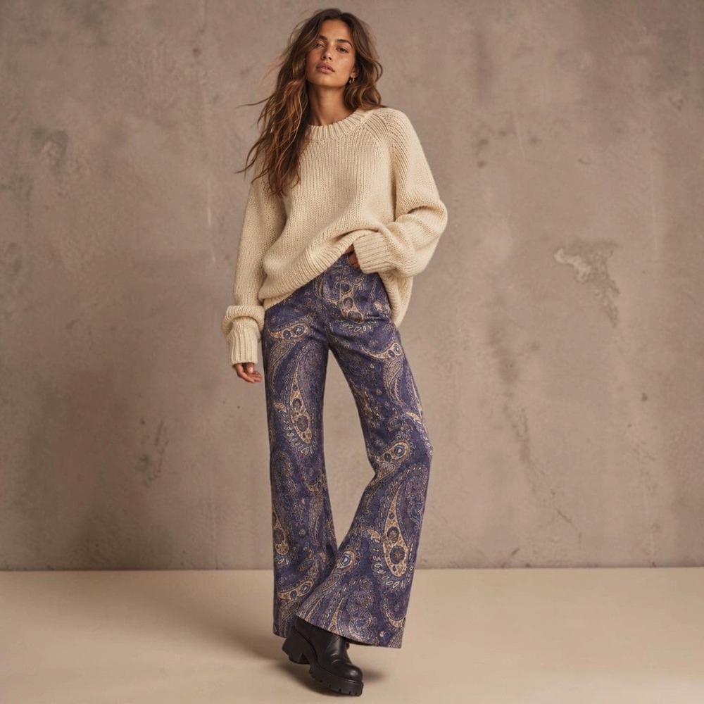 Anthropologie Maeve Paisley Metallic '70s Flare Pants Sz 4